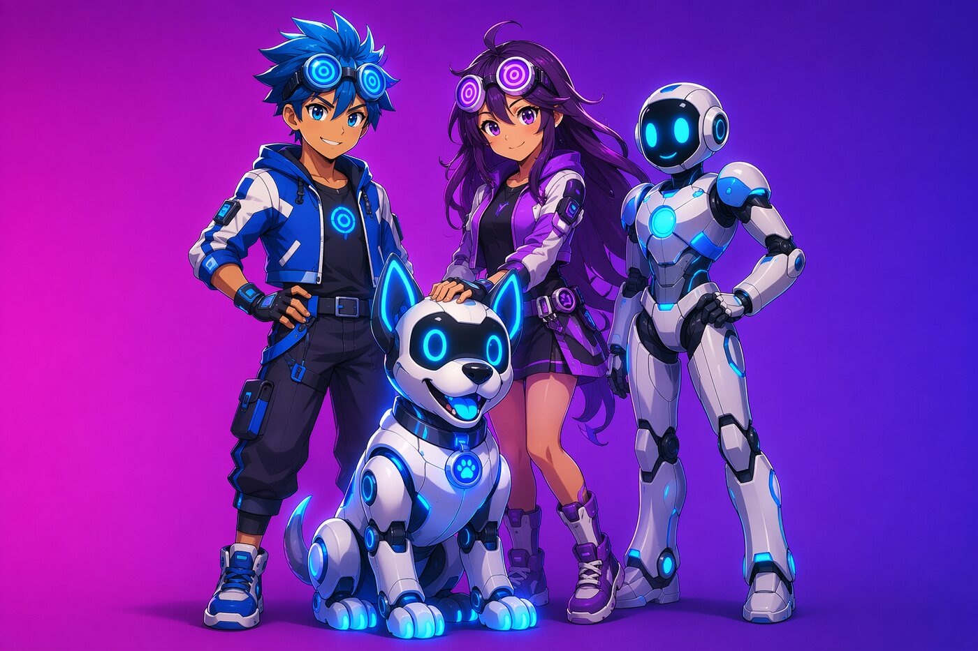 Robotics Day — mascots with a neon robot dog and a humanoid robot assistant