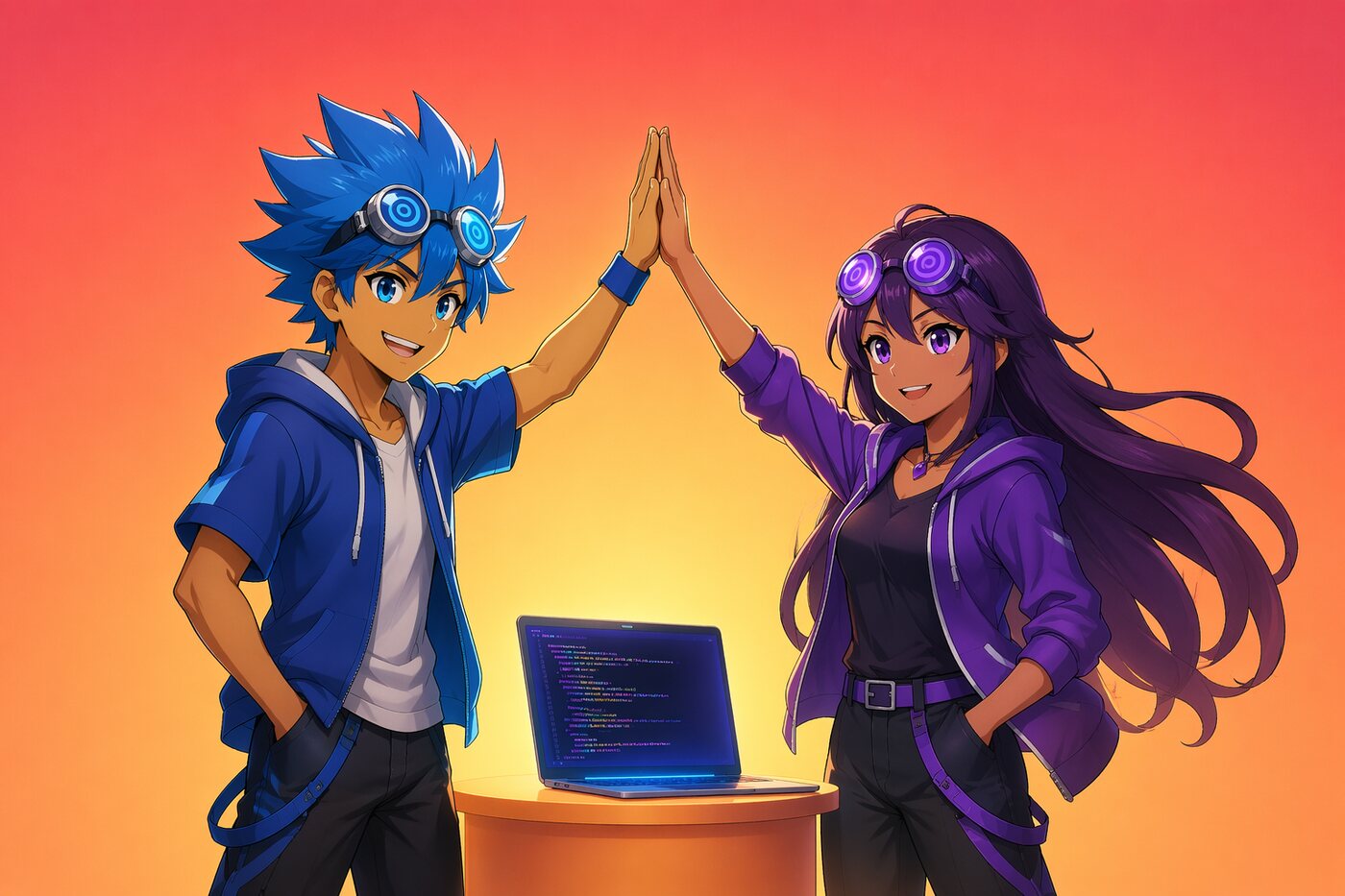 Vibe Coding Day — mascots high-fiving over laptops