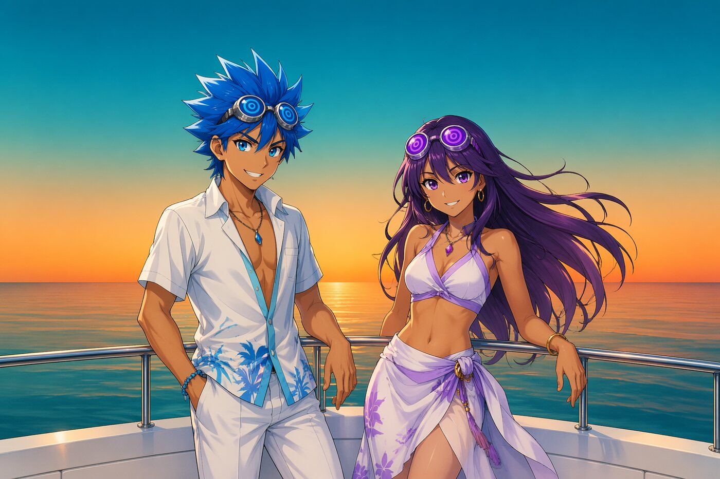 Yacht Party — mascots on a yacht at sunset
